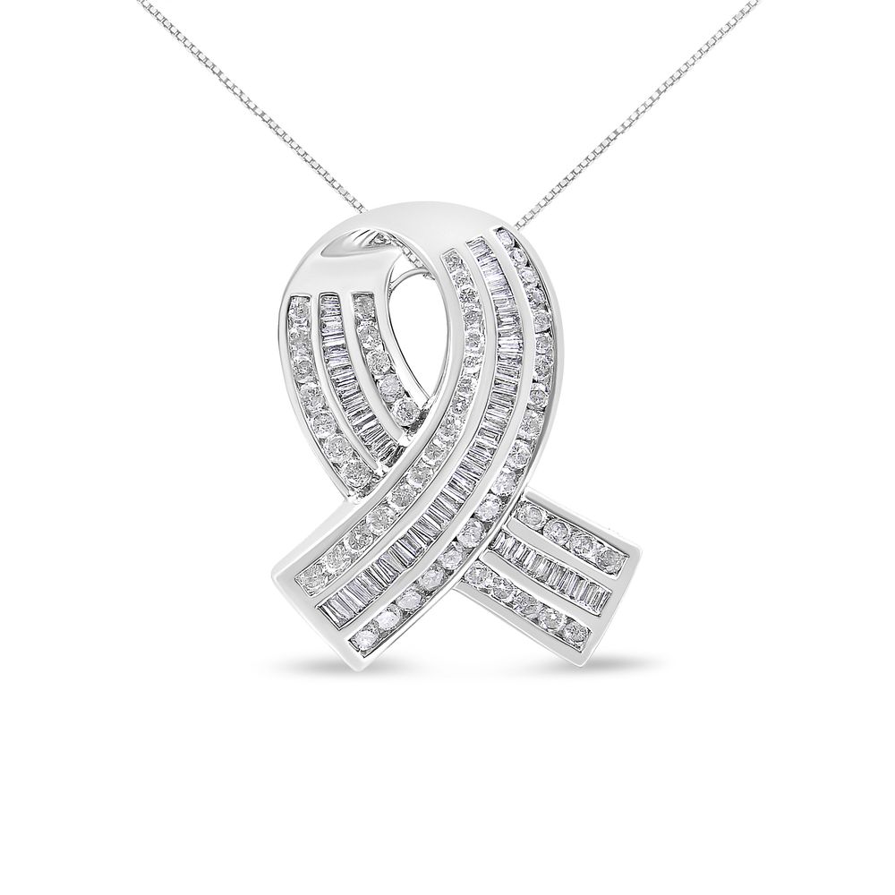 14K Weißgold 2 5 / 8 Cttw Kanal Set Round and Baguette Diamond Awareness Ribbon Pendant (H-I Farbe, I1 - I2 Klarheit) - Kette nicht enthalten
