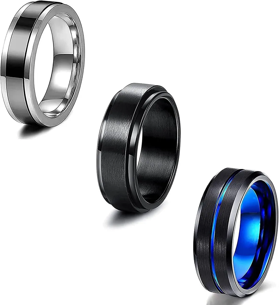 3pcs Mens Ringe Schwarz Edelring Set Angst Ring für Männer Kette Spinning Ring Coole Band Ringe für Angst Linderung Stress Hochzeit Versprechen Ringe Set Größe 8