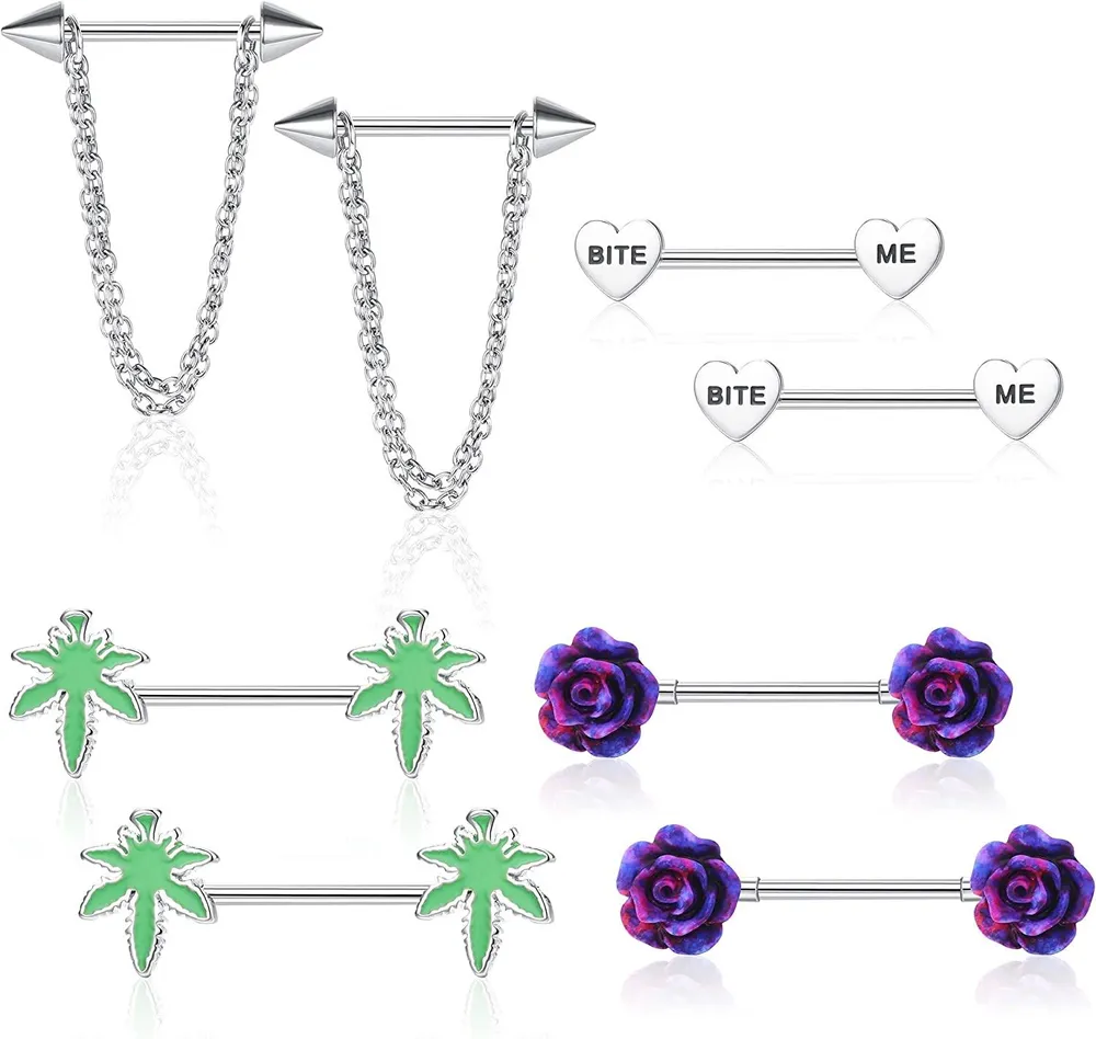 4 Paare 14G Nipple Ringe Chirurgie für Frauen Männer Sexy Flower Marihuana Weed Herz geformte Nipple Kette Dangle Nipplerings Barbell Nipple Piercing Schmuck