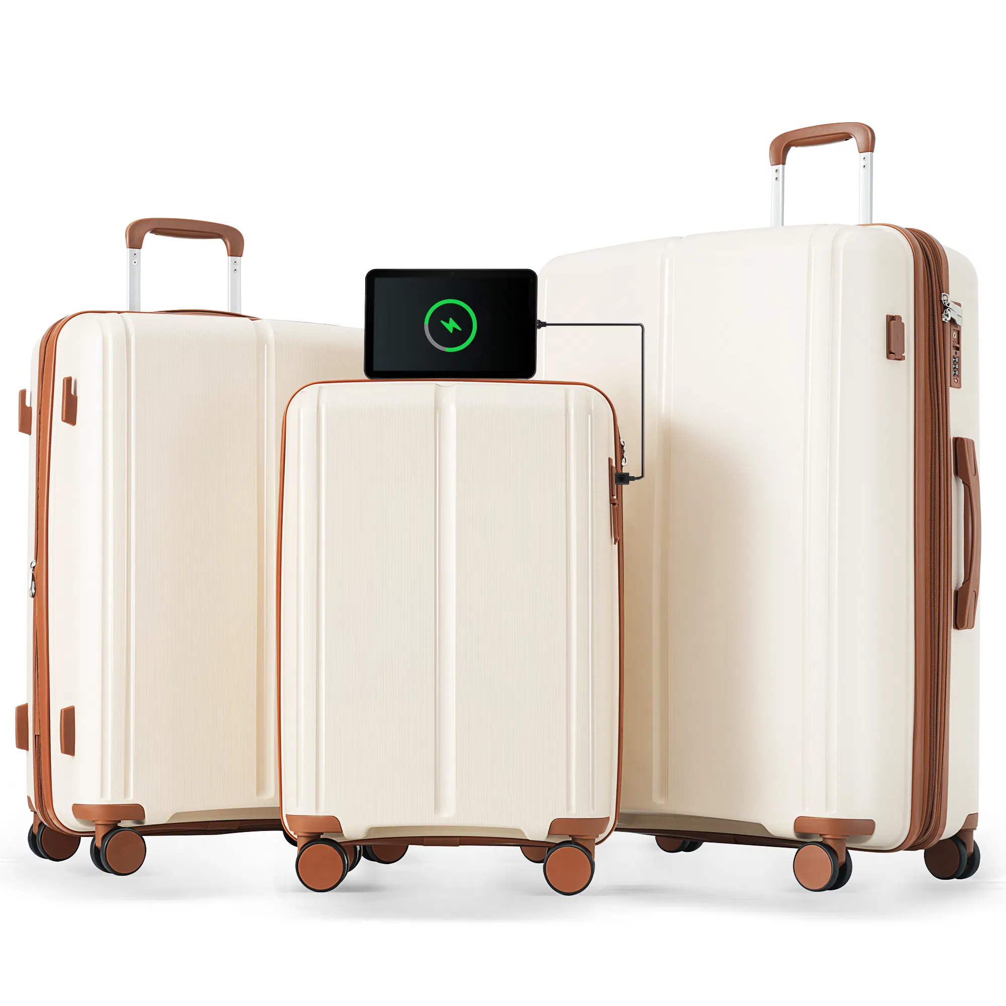 Gepäckset 3 - Stück Koffer Set 20 / 24 / 28 mit USB-Anschluss, Tragen Sie auf Gepäck Airline genehmigt, PP Leichtgewicht Koffer mit Spinner-Räder, Elfenbein und Braun