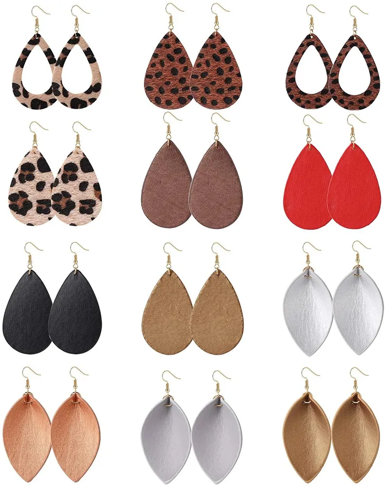12 Paare Leder Ohrringe für Frauen Teardrop Leaf Dangle Drop Ohrringe Leichtgewicht Petal Leopard Ohrringe Set