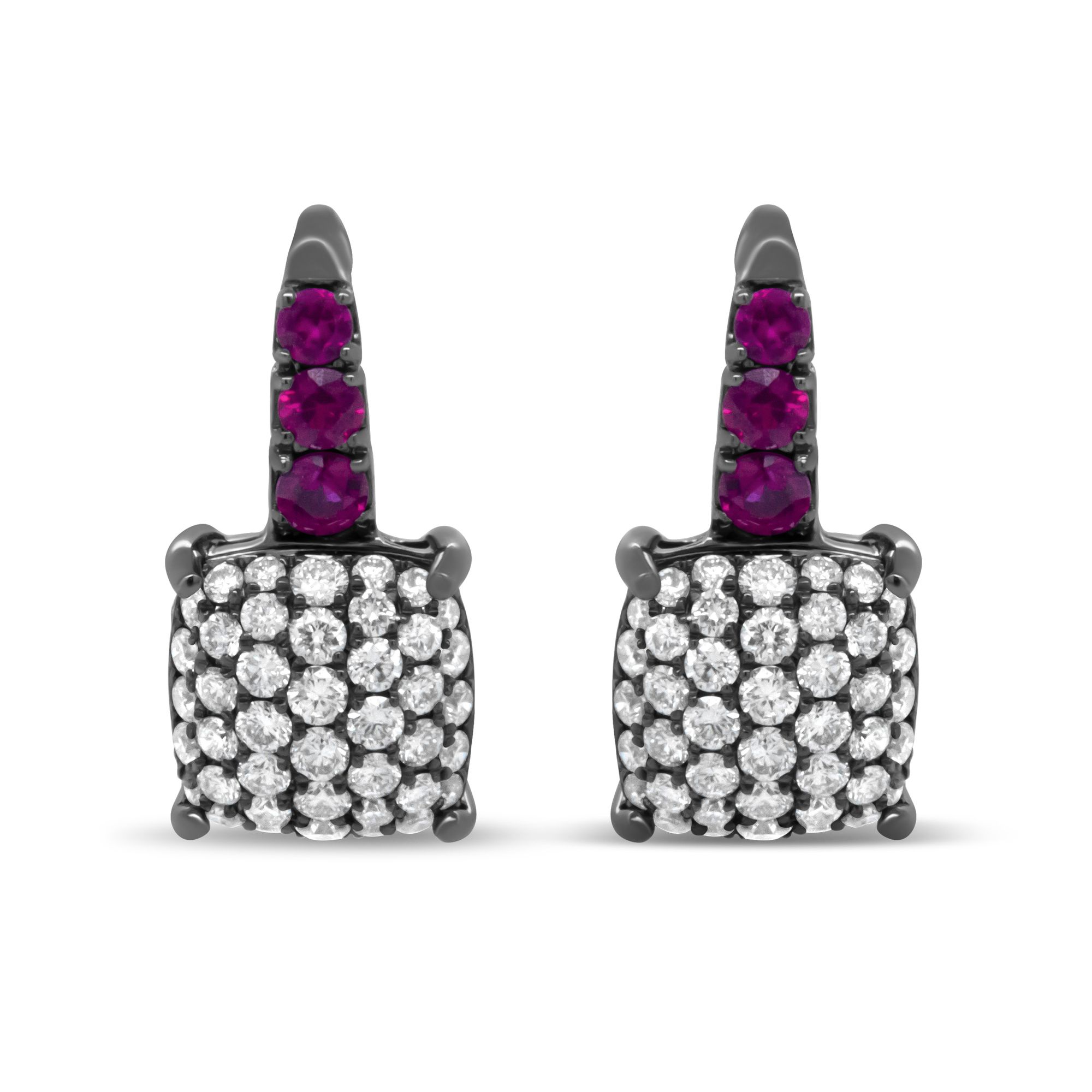Schwarzes Rhodium überplatte 18 Karat Weißgold 7 / 8 Cttw Runder Diamant und Graduierten Rot Ruby Drop Ohrringe (F-G Farbe, VS1 - VS2 Klarheit)