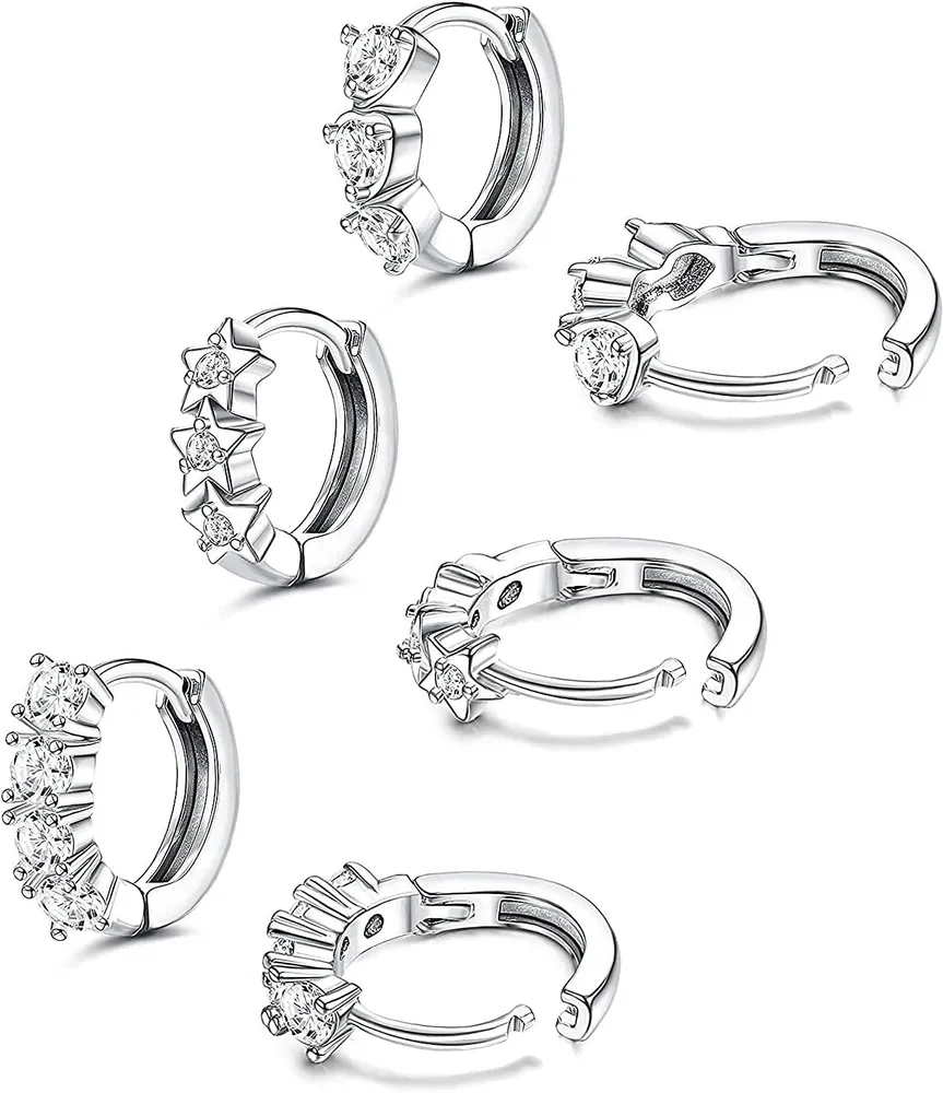 3Paars Cubic Zirkonia Knorpel-Schleife - Ohrringe für Frauen Mädchen winzig süßes rundes Star-Herz CZ Huggie-Schleife - Ohrringe hypoallergene Scharnier-Manschette - Ohrringe Piercing (/12mm)