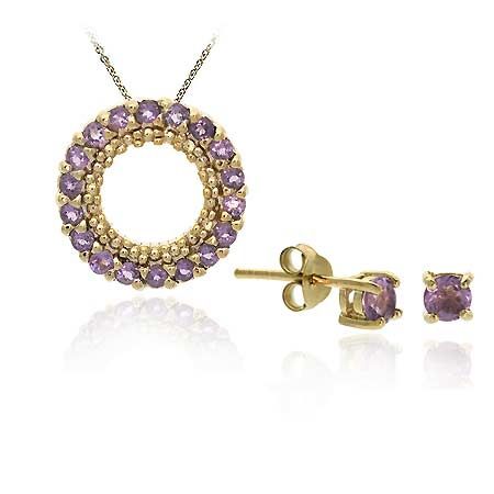 18 Karat Gold / Sterling Silber Amethyst Anhänger Stud Ohrring Set