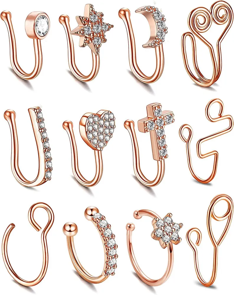 12Pcs Falsche Nasenringe Schleife Eingezogen CZ Nasen Manschette Nicht Piercing für Frauen Männer Clip auf Nasenringe CZ Flower Cross Faux Nasen Piercings Schleife Hypoallergen