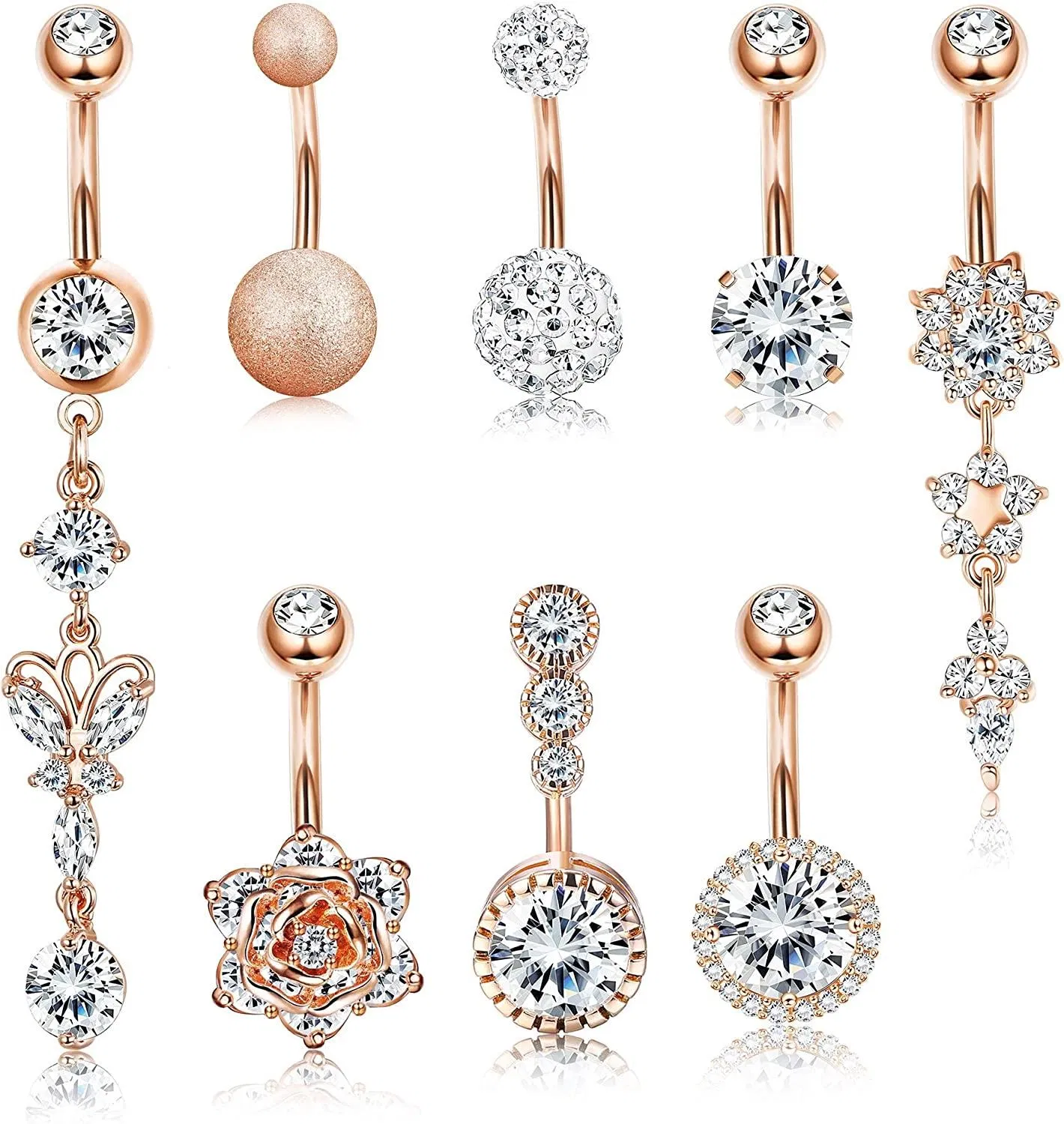 8pcs Bauchknopfringe Dangle 316L Edelstahl Bauch Nabelringe gekrümmte Barbell CZ Gold Rose Gold Body Piercing für Frauen Männer 14G