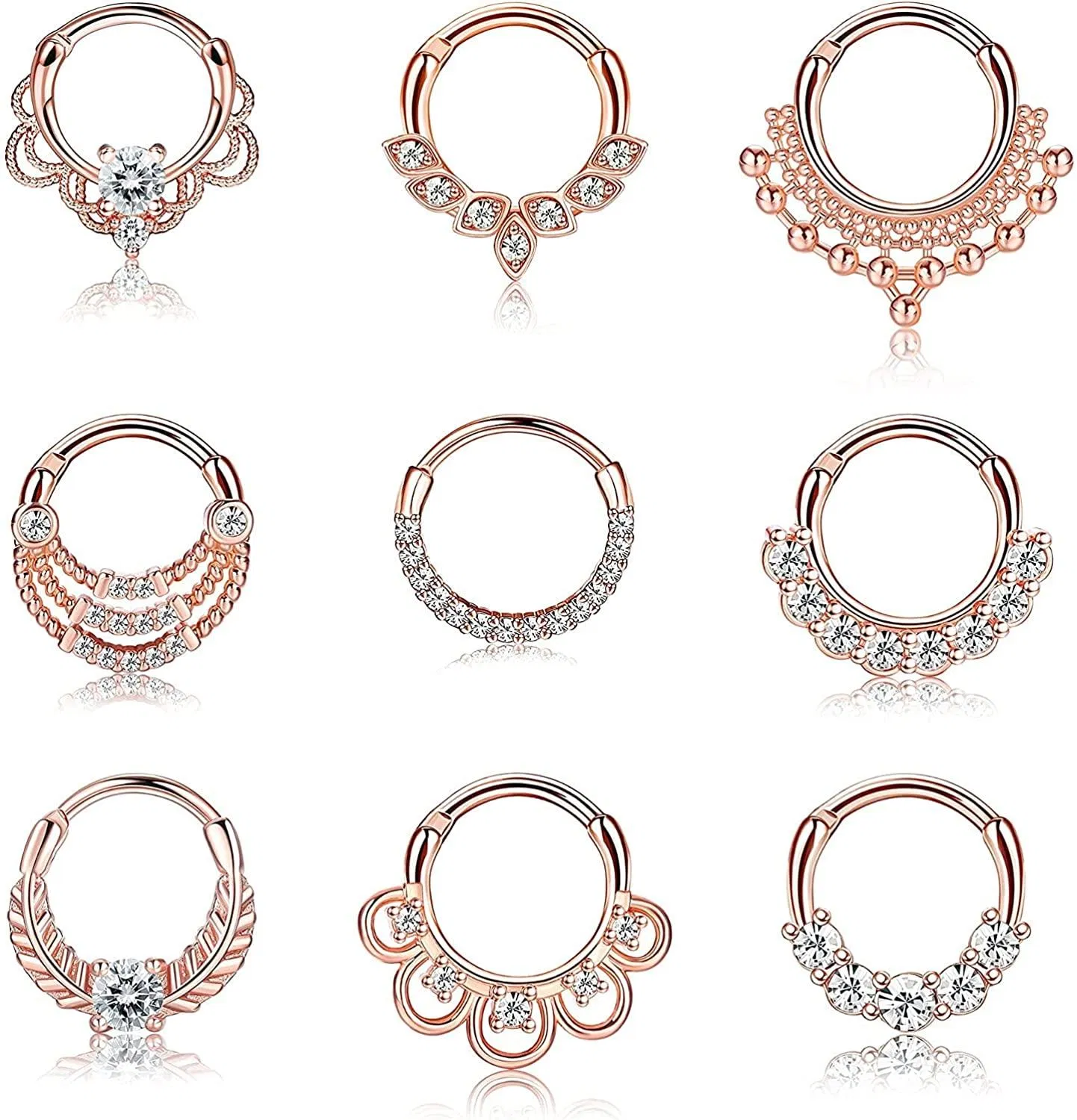 9PCS 16G Septum Ringe CZ Daith Piercing Edelstahl Knorpel Helix Tragus Ohrringe Scharnier-Hoop - Nasenringe Septum Clicker Ringe Piercing