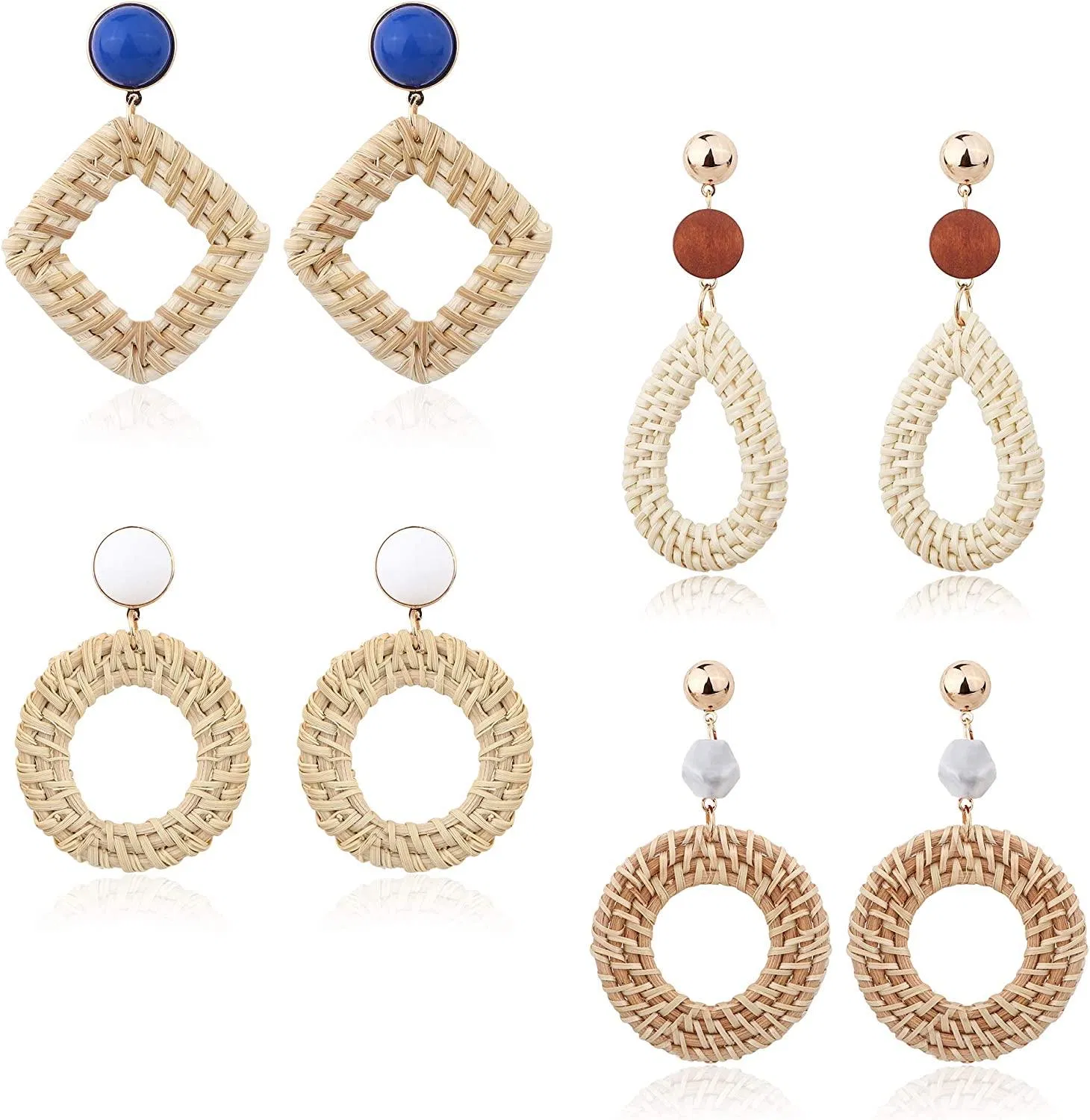 4Paare Rattan Dangle Ohrringe für Frauen Mädchen Leichtgewicht Böhmen Stroh Wicker Gewebe Geometrische Aussage Ohrring Set Handgemachte Schmuck Sommer Ohrringe