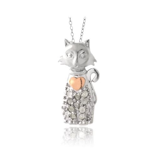Sterling Silber Zwei Tone 1 / 10ct Diamant Katze mit Herzen Halskette