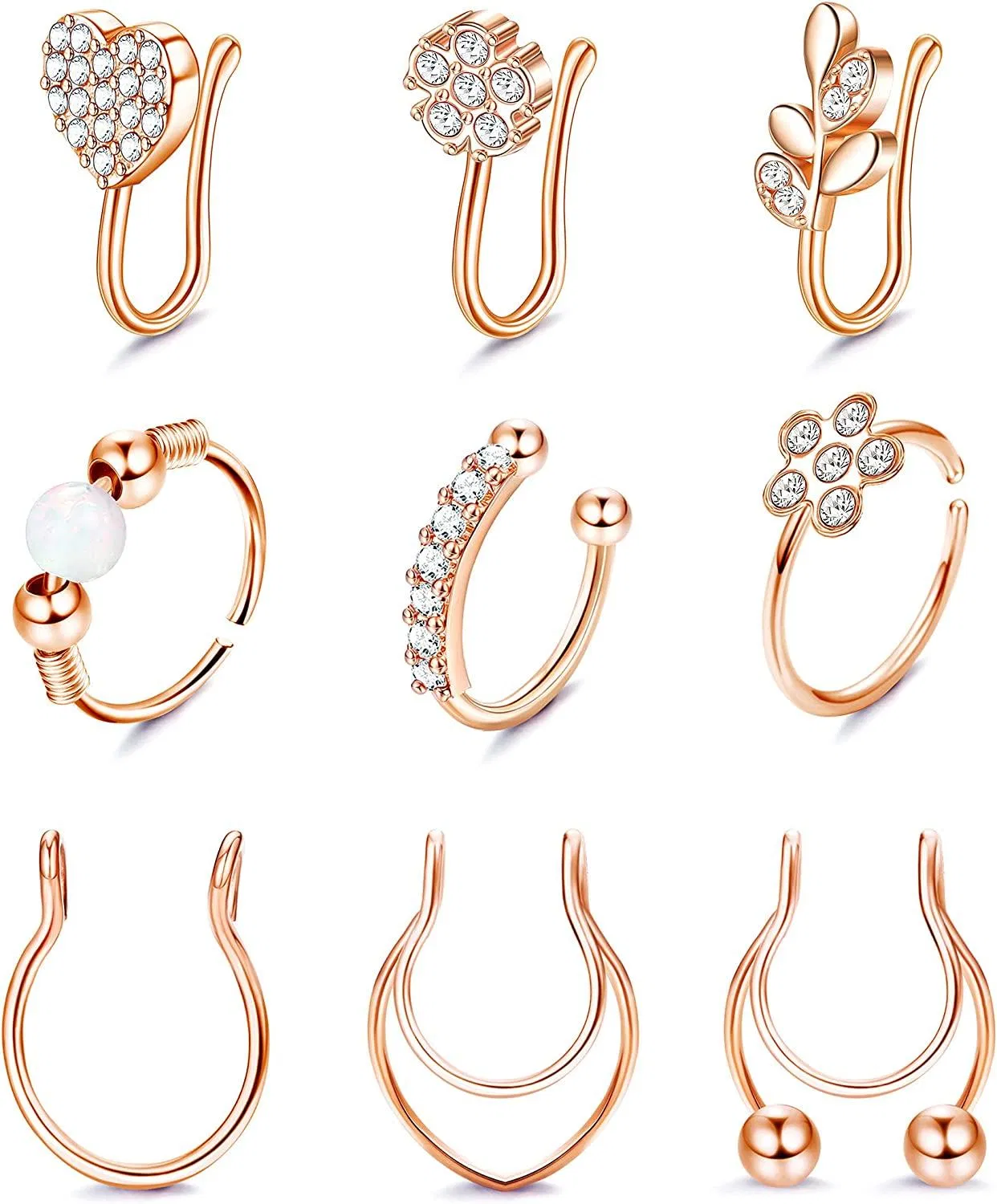 9pcs Falsche Nase Ringe Edelstahl Faux Nasen Ring Schleife Eingezogen CZ für Frauen Fuax Septum Ring Clip Auf Nasen Ring Fälschungen Septum Ringe Nicht Piercing 16 / 20G