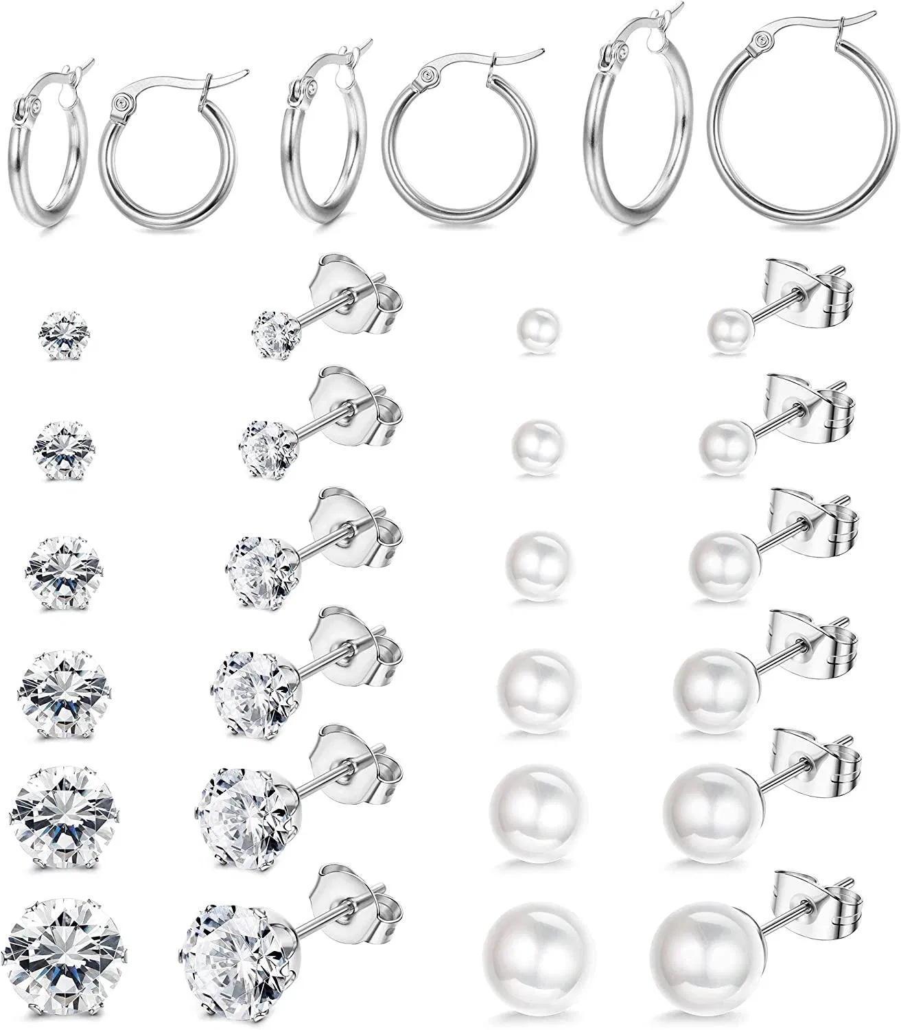 15paars Stud Ohrringe für Frauen Hoop Ohrringe Edelstahl Flat Ball Fake Pearl CZ Ohrringe Set; Sliver Tone