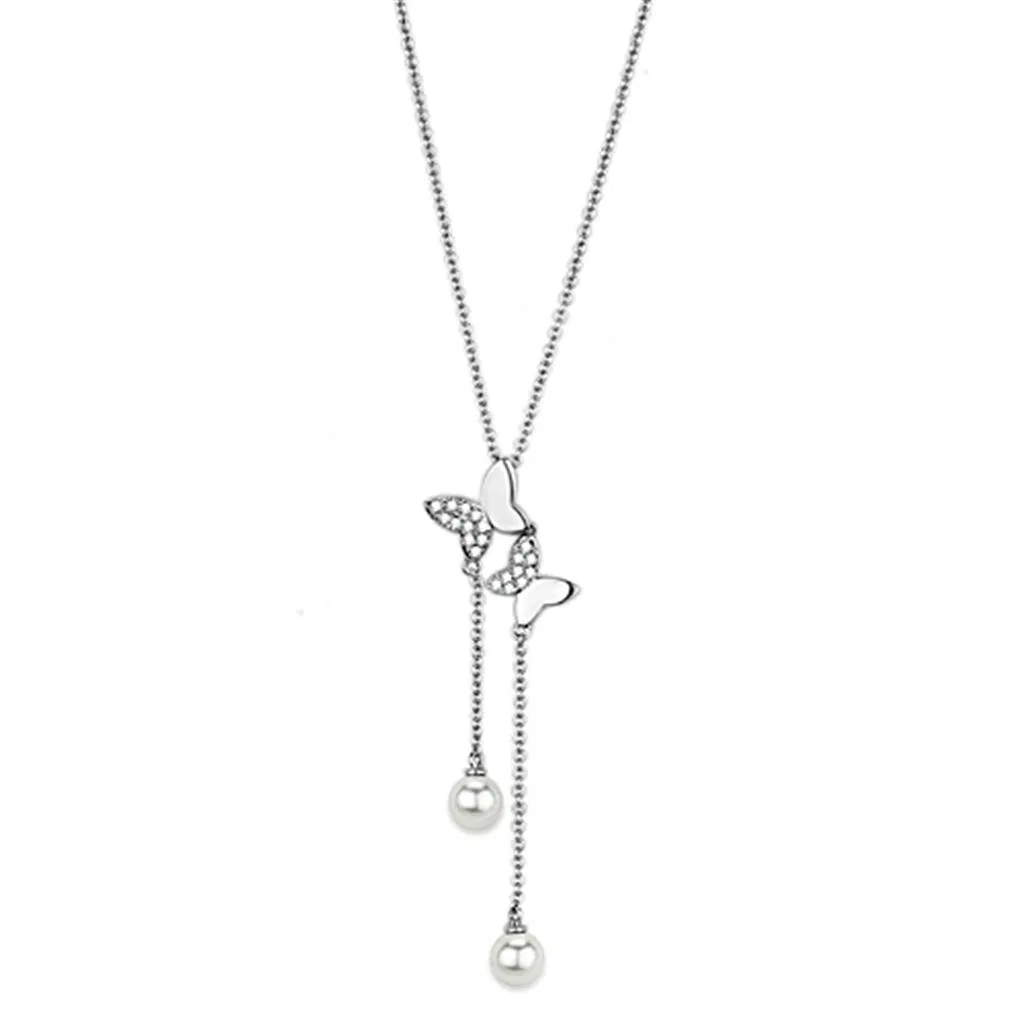 3W442 - Rhodium Brass Halskette mit synthetischer Perle in Weiß