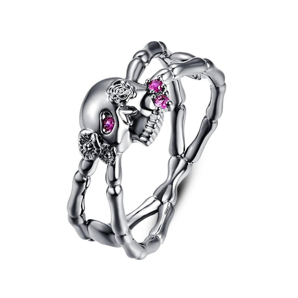 Skull Rose Rot Spinel Zirkonia Kreuz Schwarzer Ring