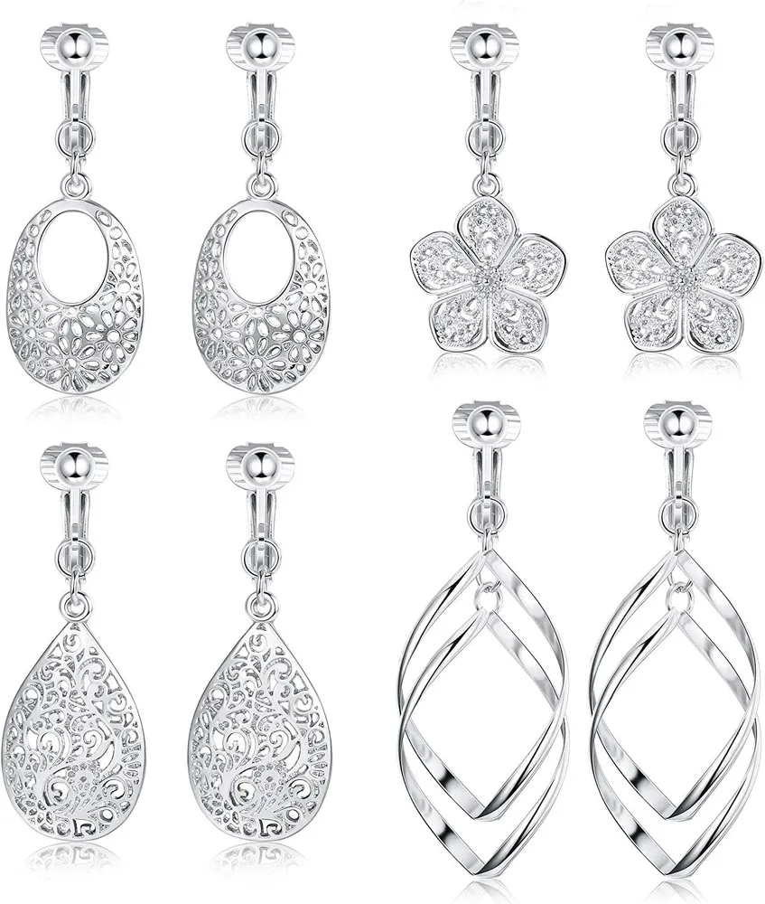 4 Paare Dangle Clip auf Ohrringe für Frauen Filigree Hollow Leaf Clip Ohrringe Leichtgewicht Nicht durchbohrt Silber Gold Clip-On Drop Dangle Ohrringe Set