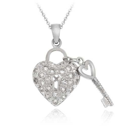 Sterling Silver Designer-Inspired Heart & Key CZ Halskette, 18