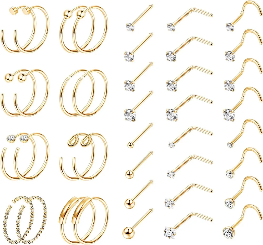 40Pcs 20G Edelstahl Nasen Ringe Hoop Knochen Schraube L-geformte Nasen Studs CZ Tragus Knorpel Nasen Ring Labret Nasen Piercing für Männer Frauen