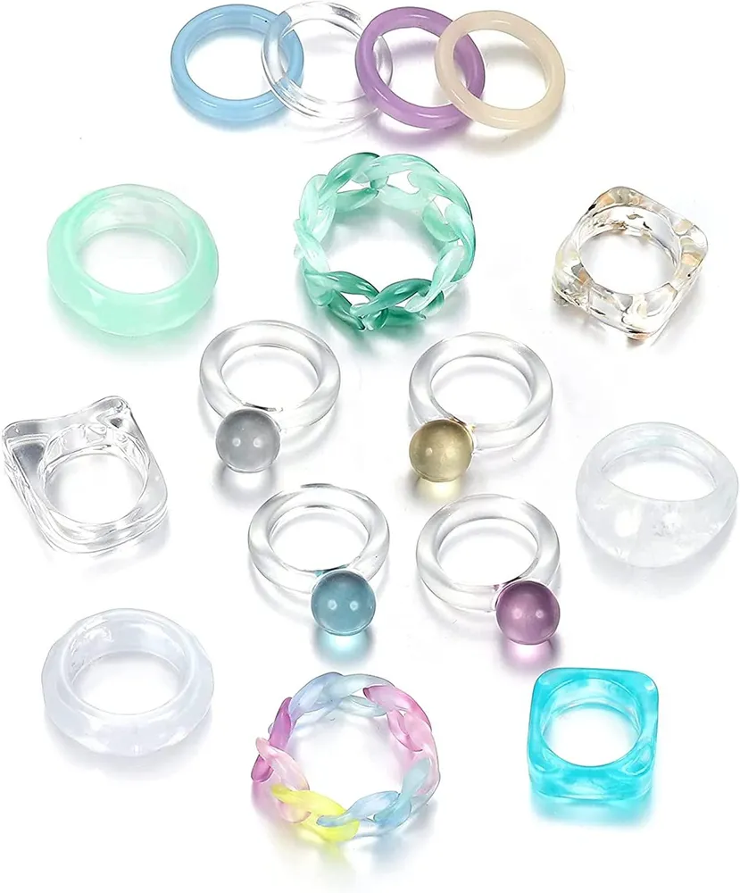 16 Stück Harzringe für Frauen Retro Acrylic Ringe Farbenfrohe y2k Chunky Ringe Unregelmäßige Quadrat Runde Ringe Marmor Textur Design Stackable Chunky Ring Trendy Schmuck
