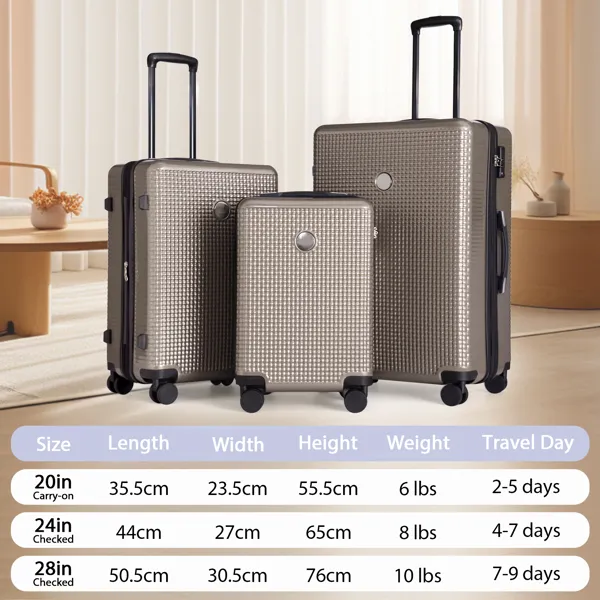 Gepäckset 3 - Stück Hardshell Koffer mit Rädern, leichtes erweiterbares Reisegepäck mit TSA-Lock, Handgepäck, aufgegebenes Gepäck (20inch 24inch 28inch)