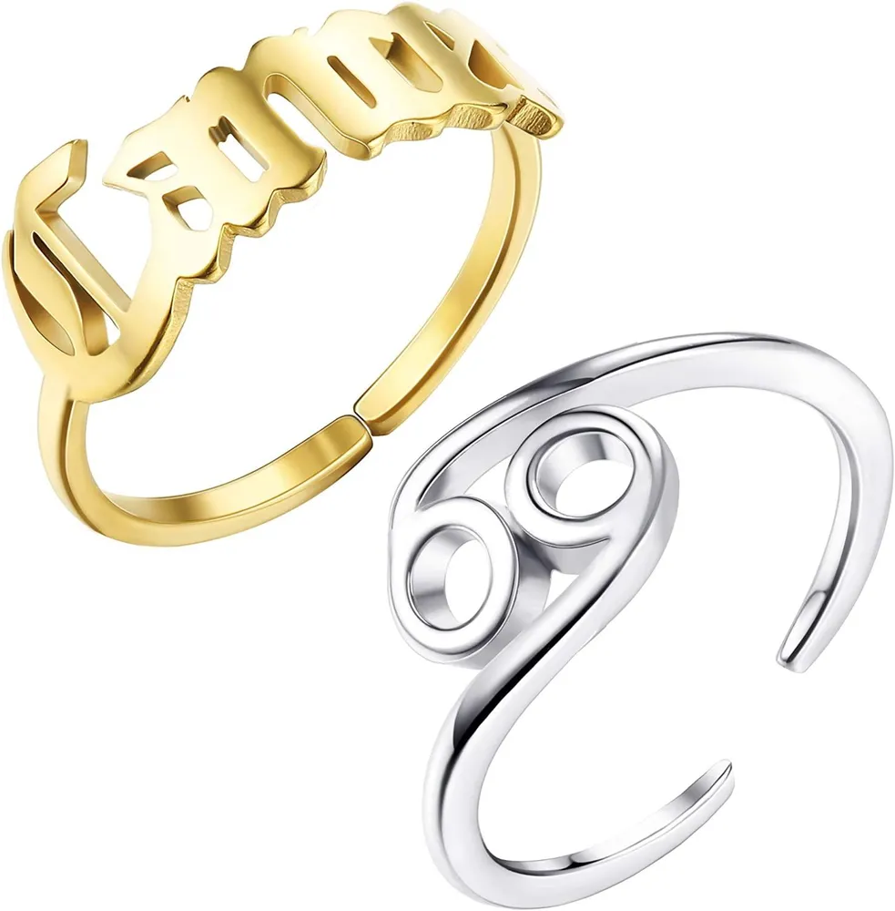 2pcs 14K Goldplated Zodiac Ringe für Frauen; Edelstahl Zodiac Sign Ring; Verstellbar 12 Constellation Ring; Feinartige Geburtstagsgeschenke für Egirls