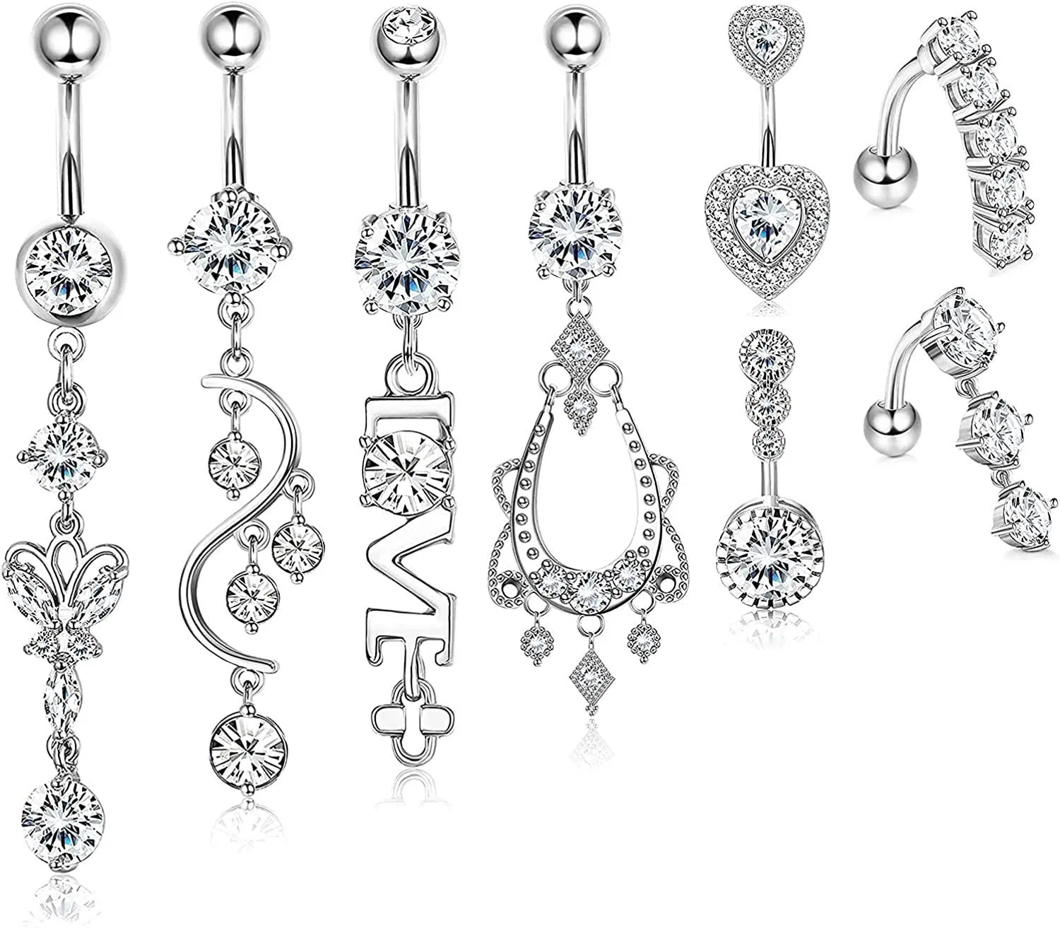 8pcs 14G 316L Chirurgische Dangle Bauchknopfringe für Frauen Liebe Herz Schmetterling CZ Nabel Barbell Ringe Umkehr Nabel Ringe Kurven Barbell Körper Piercing