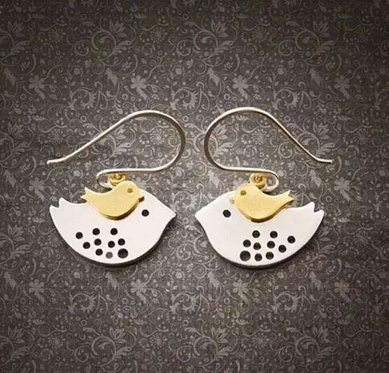 SKY TRAVELERS EARRINGS Little Bird Learning To Fly From Mom Bird in 925 Sterling Silver Haken