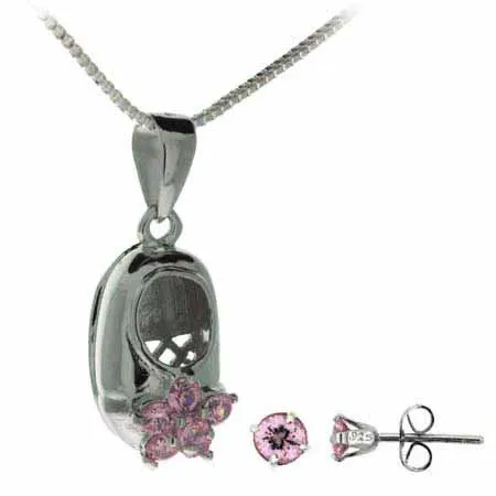 Sterling Silver Pink CZ Baby Schuh Anhänger und Stud Ohrringe Set