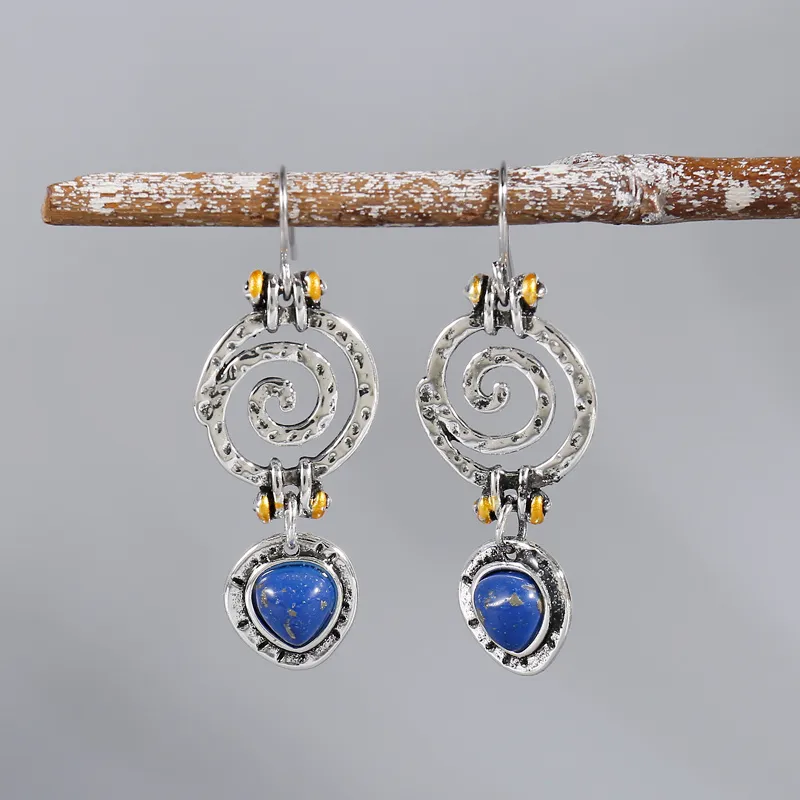 Boho Dangle Ohrringe Blau Spiral Hohl Stein Antike Stammesschmuck Frauen Ethnische Ohrringe Wirbel Antike Silberfarbe