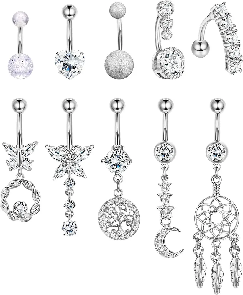 10pcs 14G Bauchknopfringe Dangle 316l Edelstahl Bauchringe für Frauen CZ Crystal Bauch Bars Kurven Nabelring Barbell Body Piercing