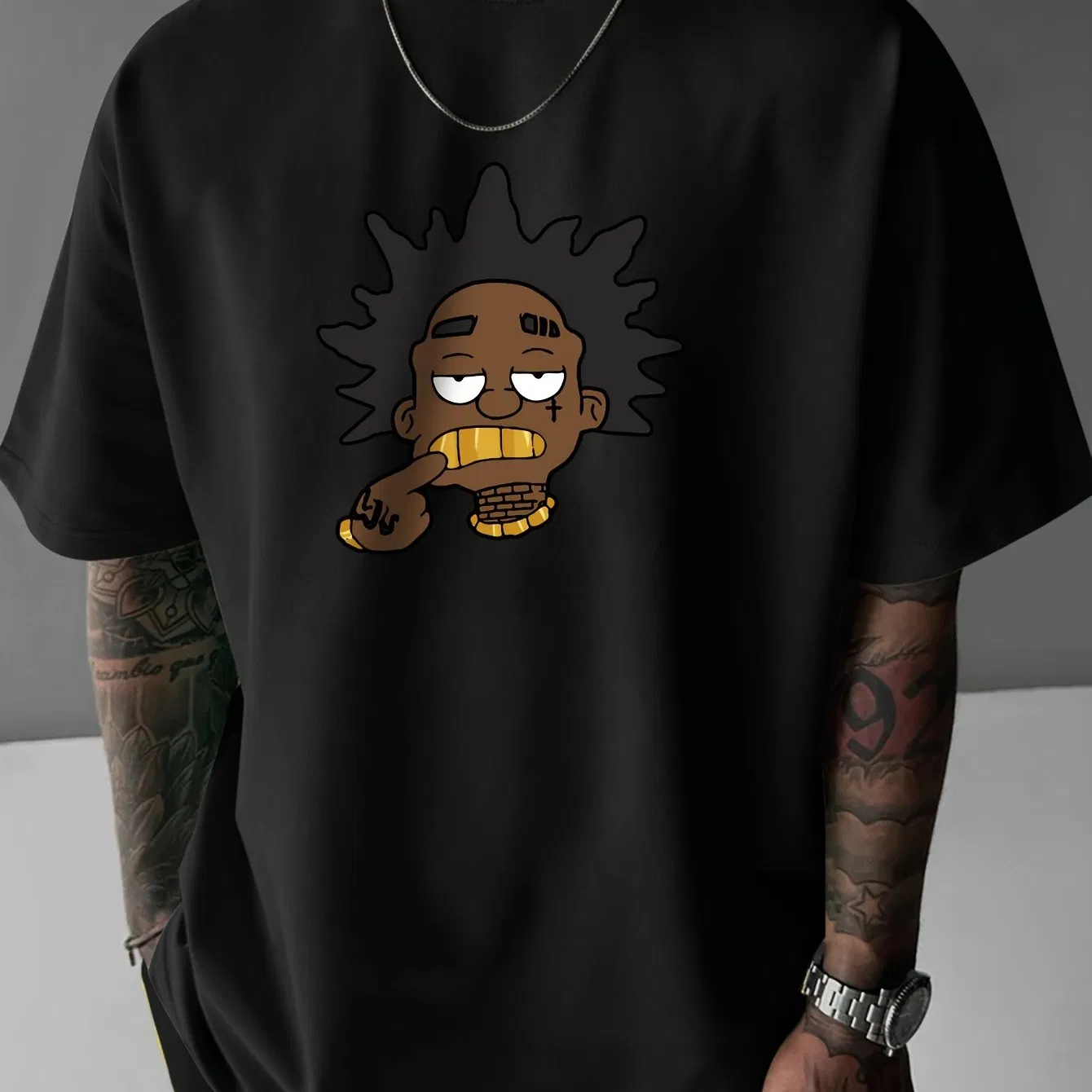 Schwarz Gold Zähne Druck, Männer Kurz Ärmel Round Neck Street Style T-Shirt, geeignet für Sommer und Frühjahr