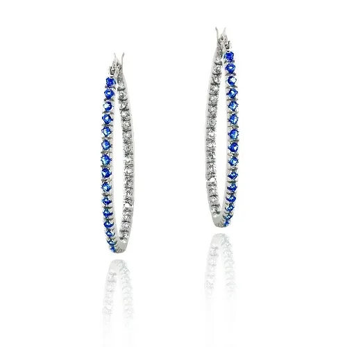 Sterling Silber 2ct geschaffen Blau & Weiß Saphir 33mm Oval Hoop Ohrringe