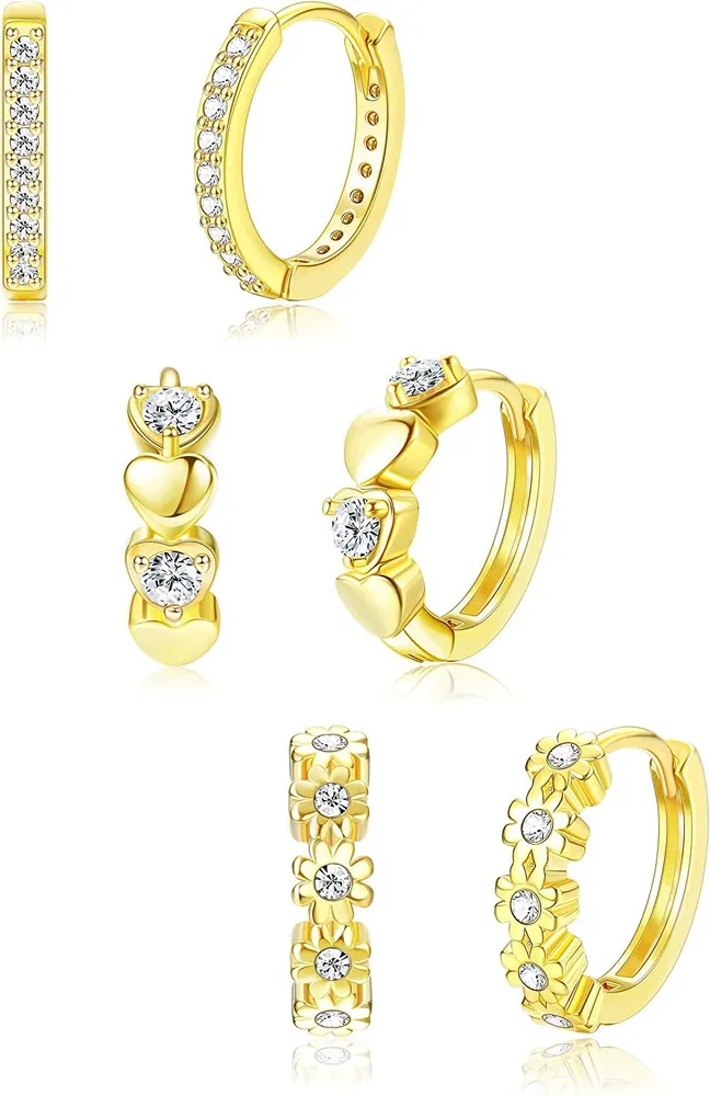 3 Paare Huggie Hoop Ohrringe für Frauen Cubic Zirkonia Herz Daisy Flower Small Dainty Cute Cartilage Hoop Ohrringe Set