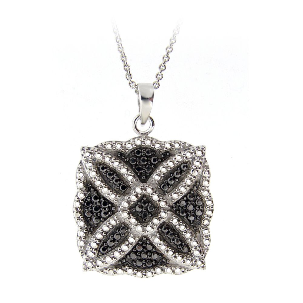 Silberton schwarzer Diamant Akzent Blumenquadrat Halskette