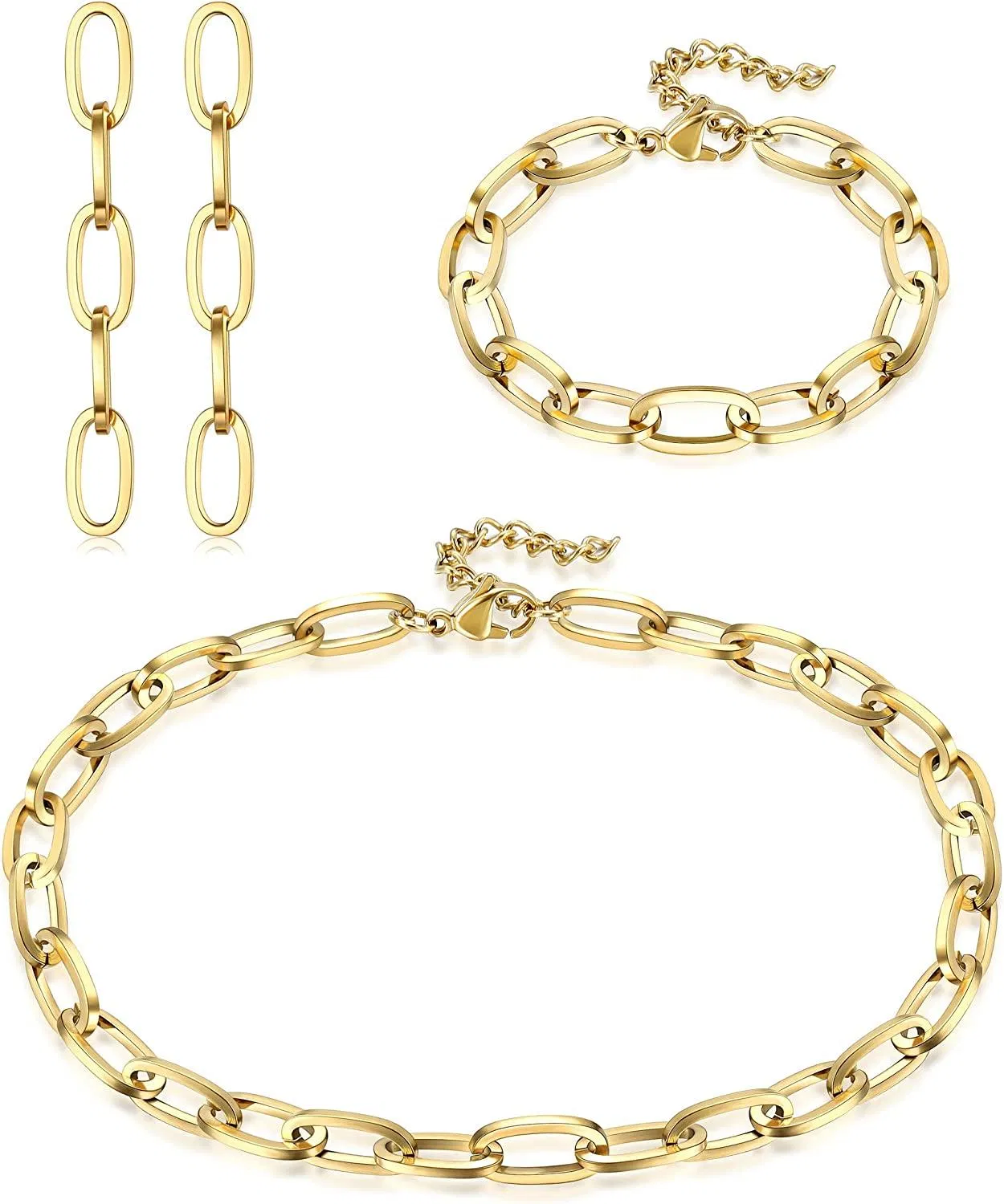 Paperclip-Kette - Link-Armband für Frauen Edelstahl-Made Dainty Oval Link Choker Kette Dangle Ohrringe Kostüm Set