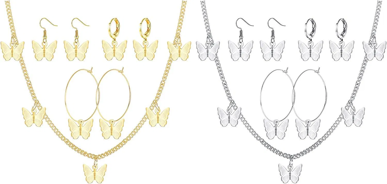 8Sets Schmetterling Halskette Ohrringe Set Schmetterling Hoop Dangle Ohrringe Huggie Drop Ohrringe Bohemian Butterfly Choker Chain Kette Adjustable