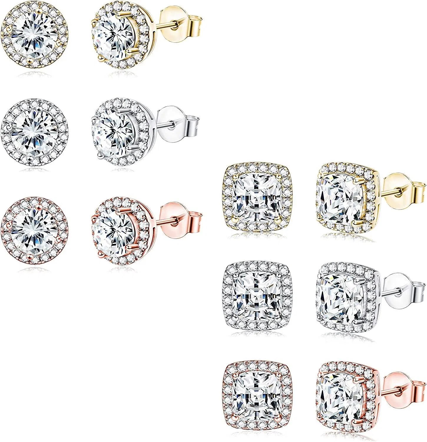 6 Paare Halo Stud Ohrringe für Frauen 18K Weißgold / Rose Gold Plated Round Square Cubic Zirkonia Brillant Cut Ohrringe