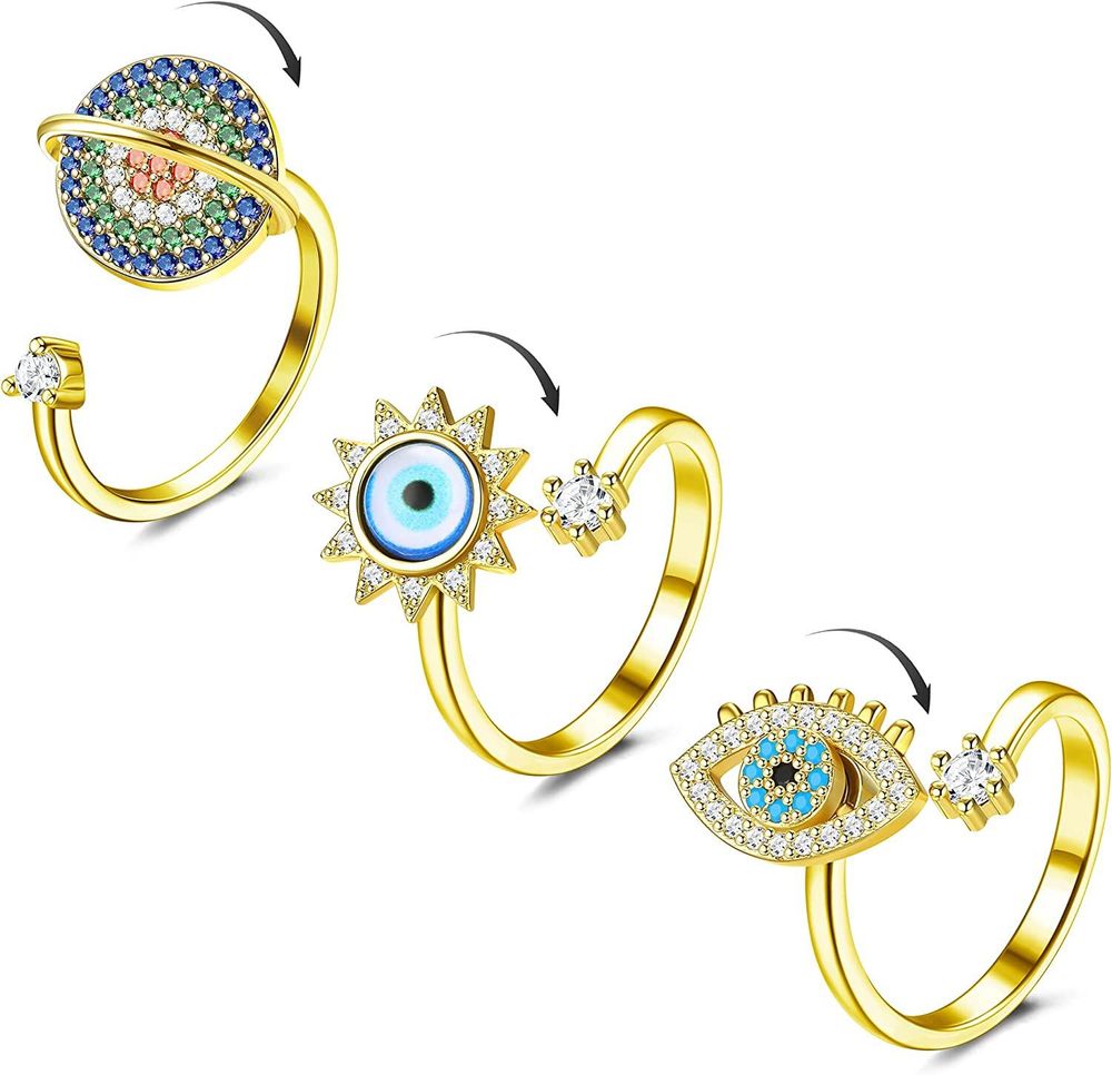Evil Eye Anxiety Rings Dainty CZ Hamsa Blau Evil Eye Fidget Ring Einstellbarer offener Stackable Ring für Frauen Teen Girls Gold Tone