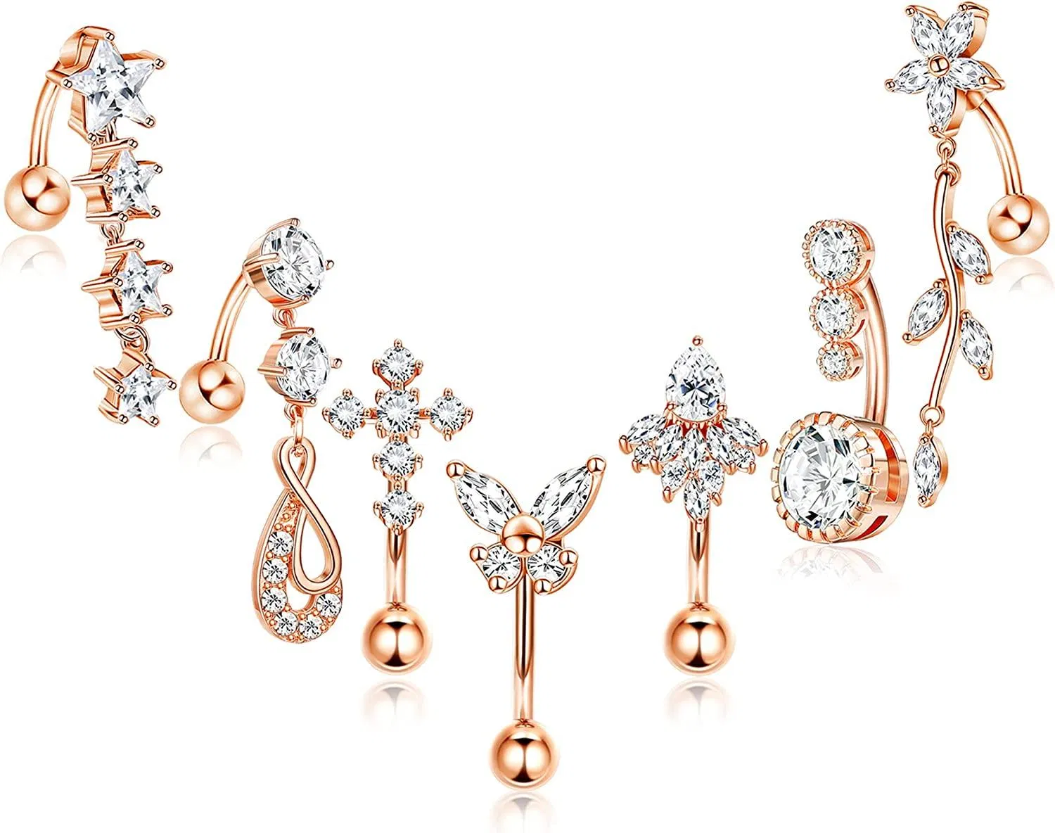 7pcs 14G 316L Edelstahl Bauchknopf Ringe für Frauen Dangle Clear CZ Curved Navel Barbell Body Piercing Jewelry