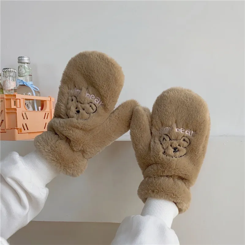 Bären Stickerei weiche Plüschhandschuhe Frauen Winter warme Dicke Fingerless Mittens Mädchen Studenten Outdoor wärmere Geschenke Handschutz