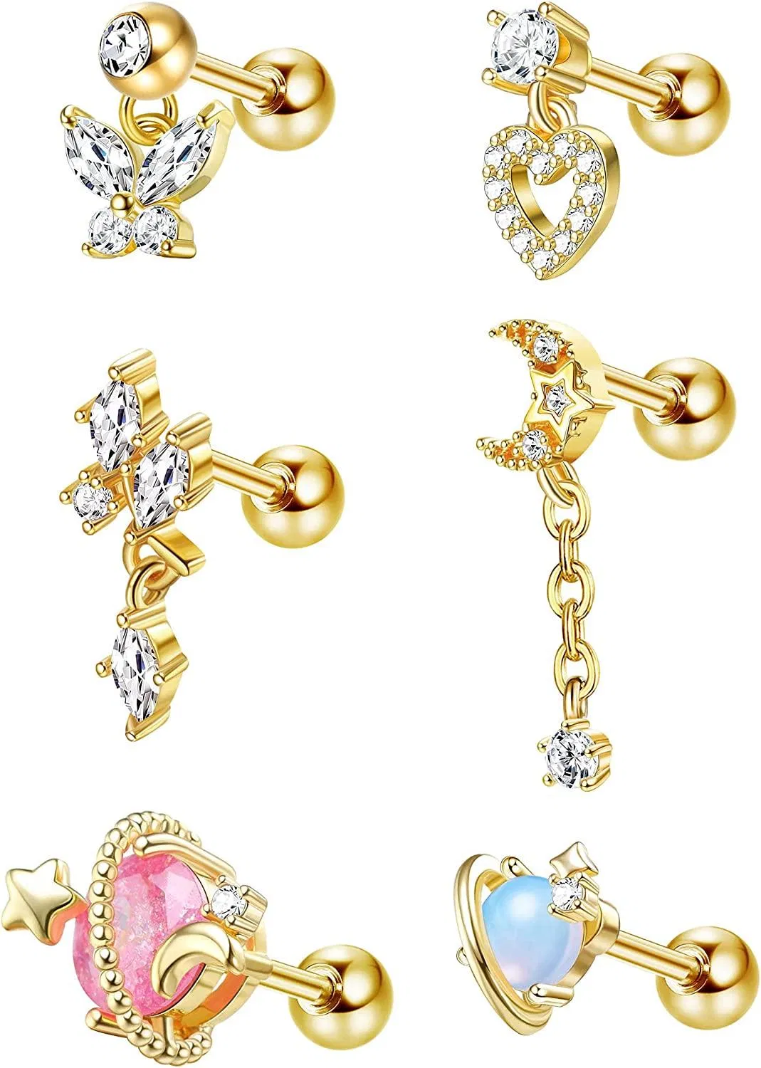 6pcs 16G 316L Edelknorpel Ohrringe Dangle Helix Knorpel Tragus Ohrringe Studs Mond Schmetterling Herz Saturn Ohr Piercing für Frauen Männer