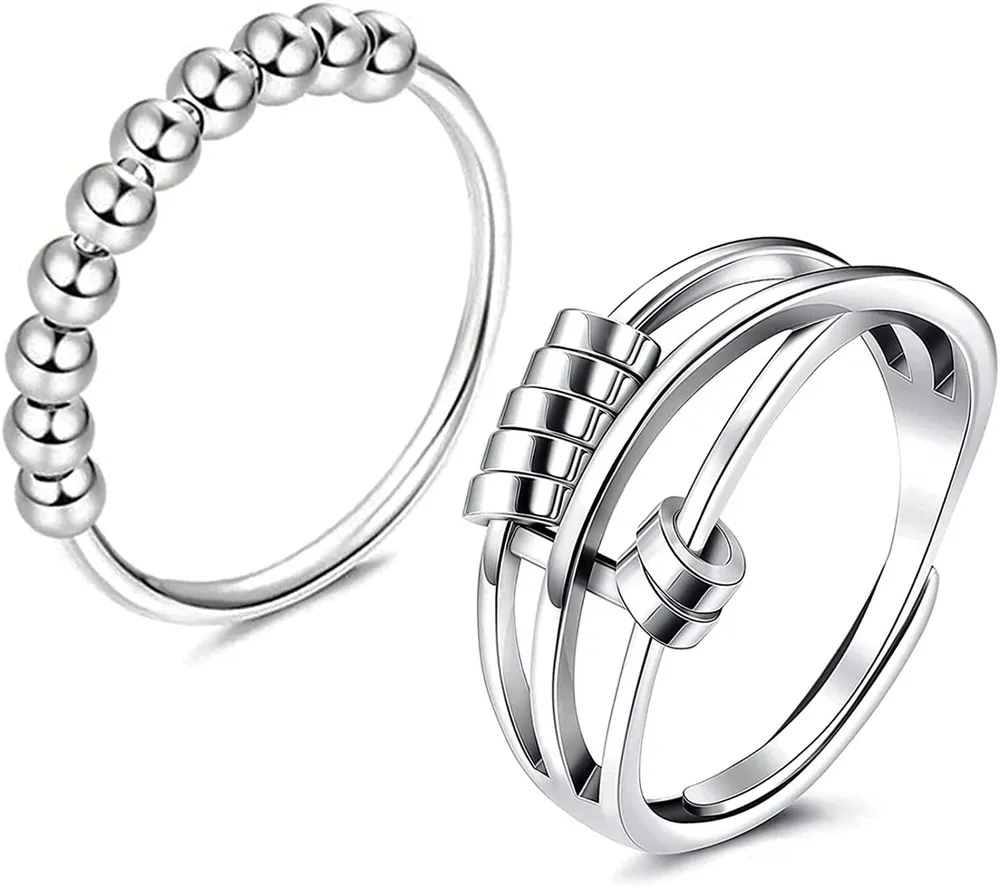 Angstringe für Frauen Mädchen Männer Kupfer offen verstellbare Fidget Ringe & Edelstahl dünne Band Spinner Fingerring mit Perle Billige Knöchelringe Stimmungsringe Größe 7