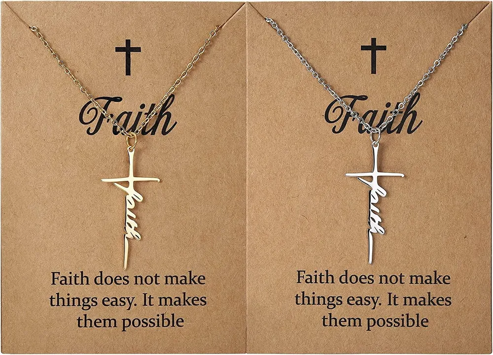 2PCS Glaube Kreuz Halskette Gesegnete Hoffnung Stärke Anhänger Halskette Silber Gold Edel Kreuz Halskette Christliche religiöse Inspirationsgeschenk für Frauen Mädchen