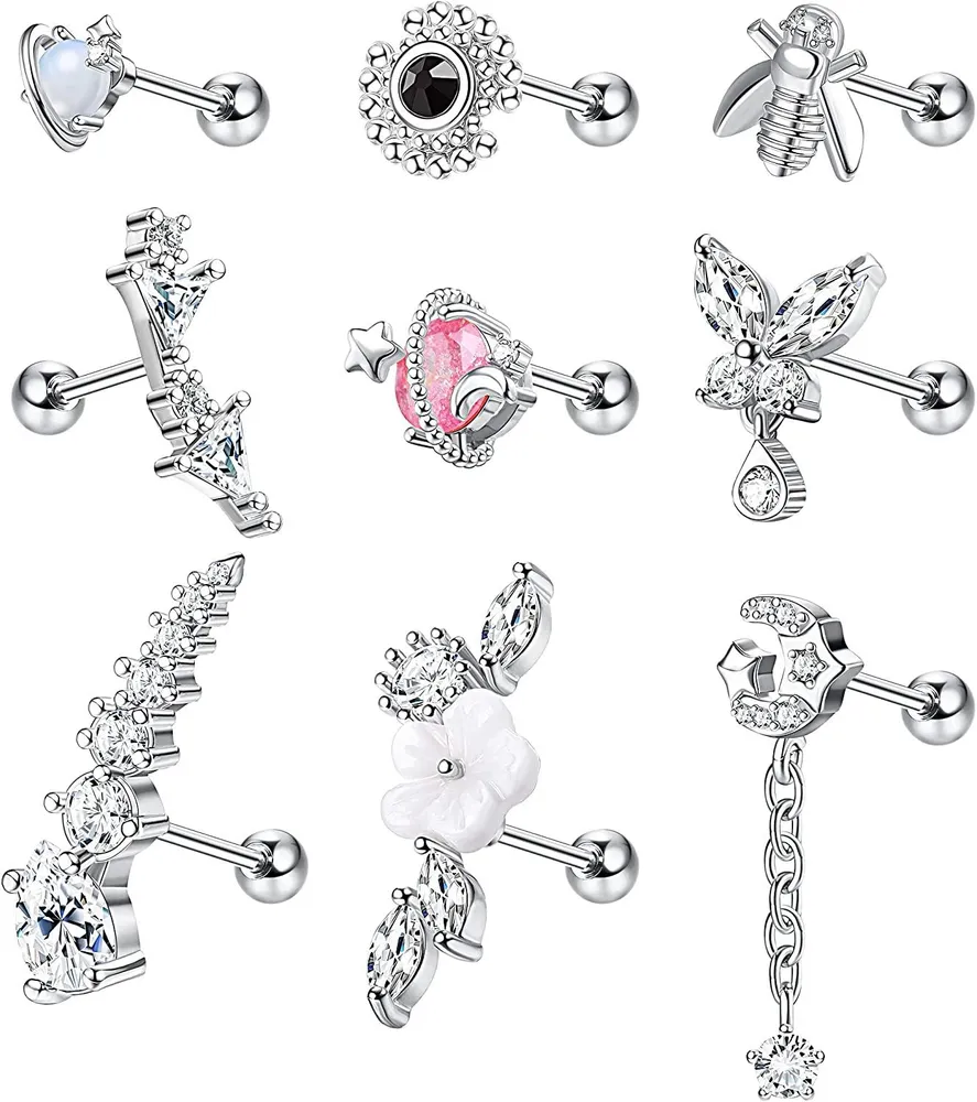 9pcs Knorpel-Staple - Ohrringe für Frauen; Edelstahl Cubic Zirkonia Knorpel Kletterer-Staple - Ohrringe Mond Schmetterling-Staple - Ohrringe Knorpel Piercing Schmuck