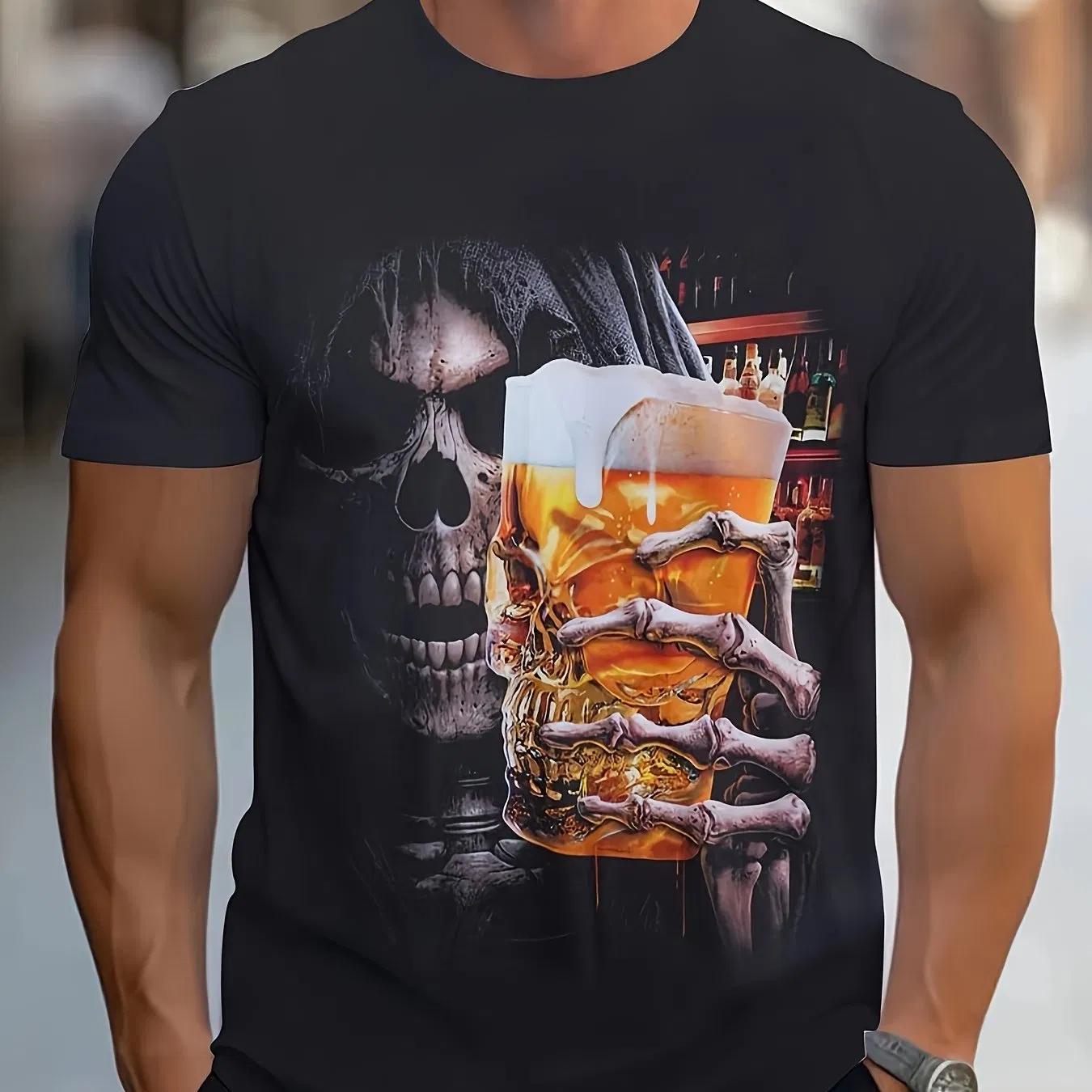 Bier und Schädel 3D-gedruckte Herren-T - Shirt, Casual Creative Short Sleeved Top, Sommer Streetwear Herren-Kleidung