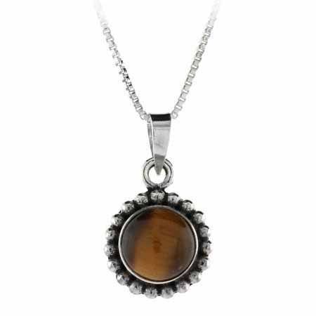 Sterling Silver Bali Beaded Echt Tiger Eye Stone Circle Anhänger
