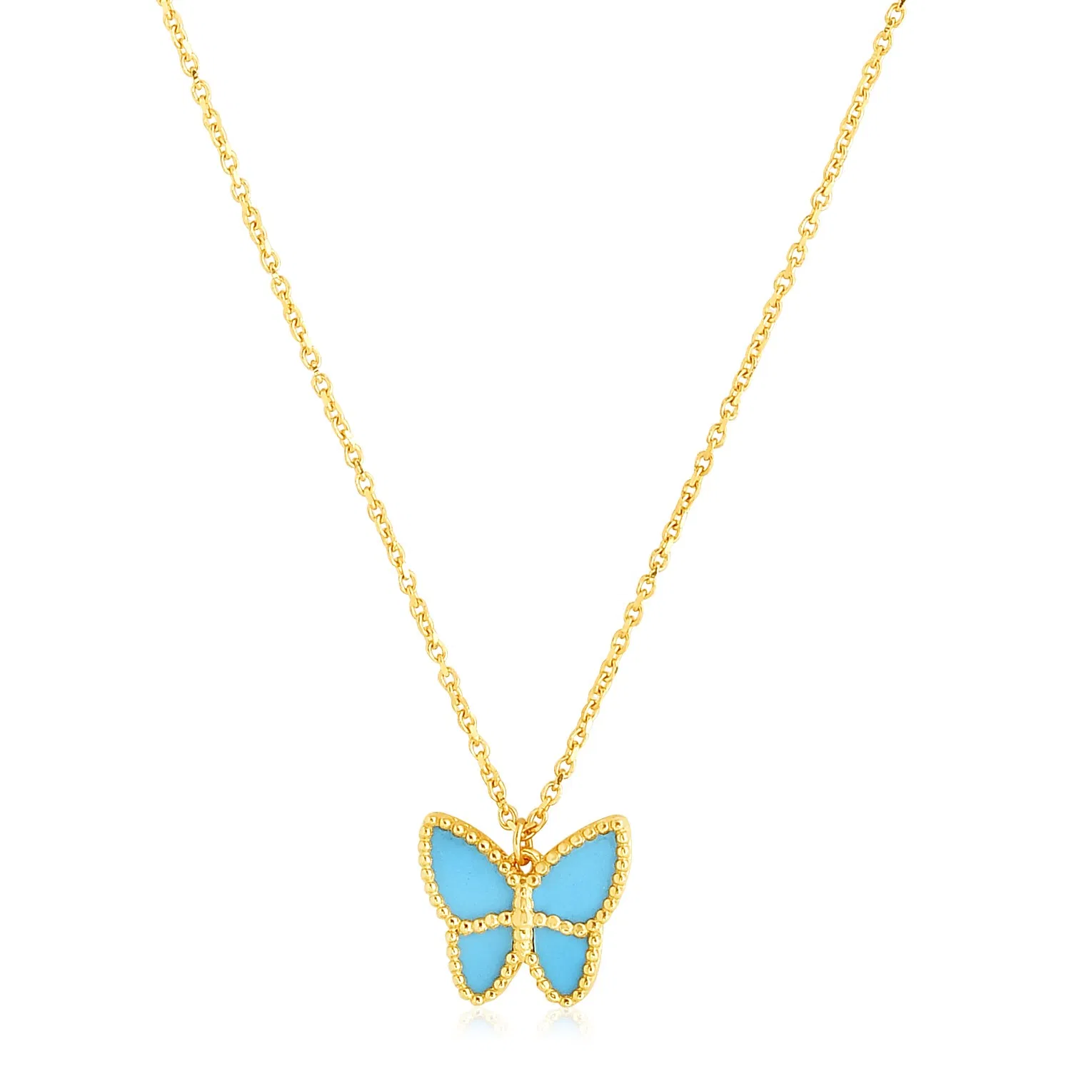 14 Karat Gelbgold High Polish Butterfly Türkis Paste Kette