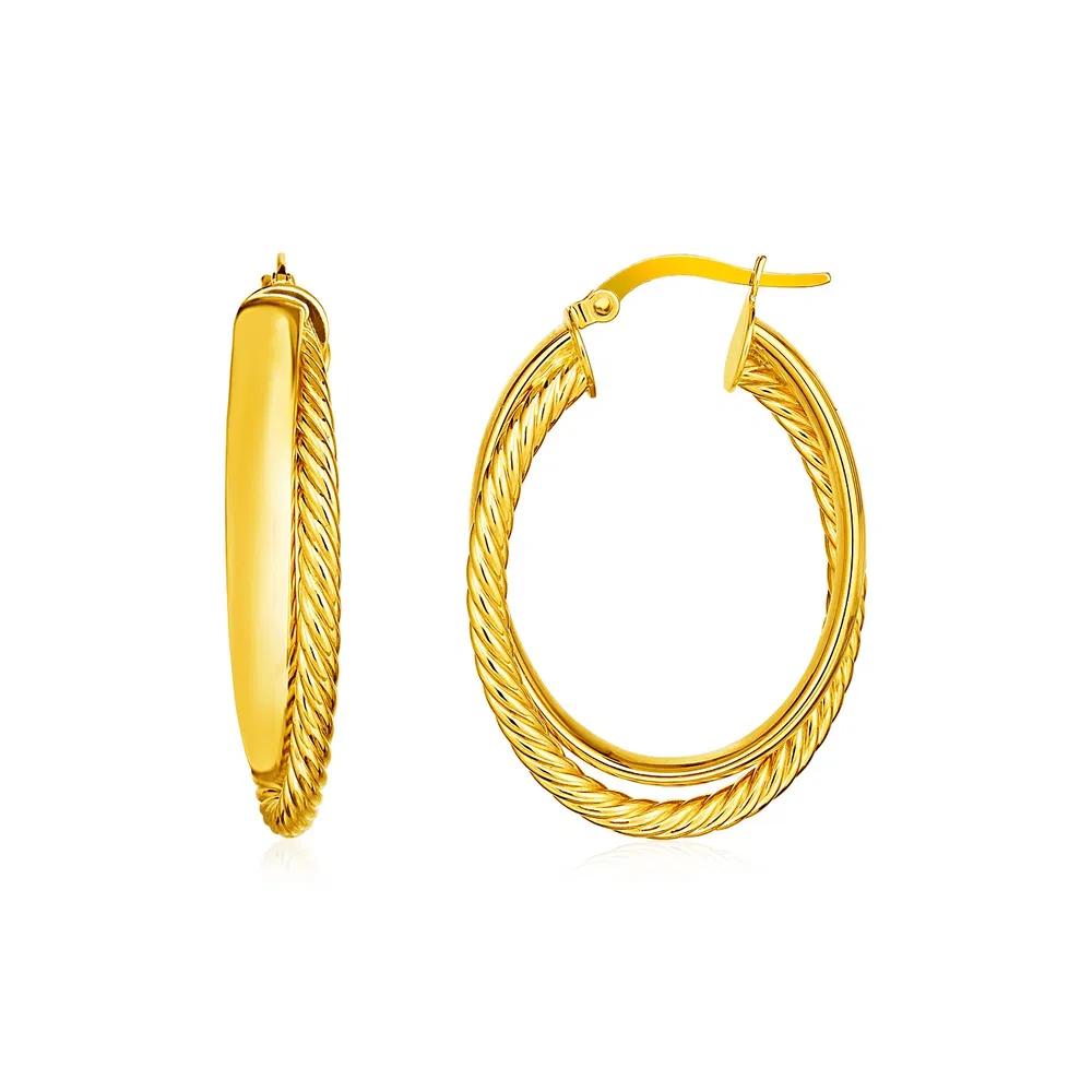 14 Karat Gelbgold Zwei Teile Textured Twisted Oval Hoop Ohrringe