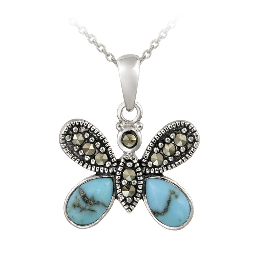 Sterling Silver Marcasite & Created Türkis Butterfly Anhänger