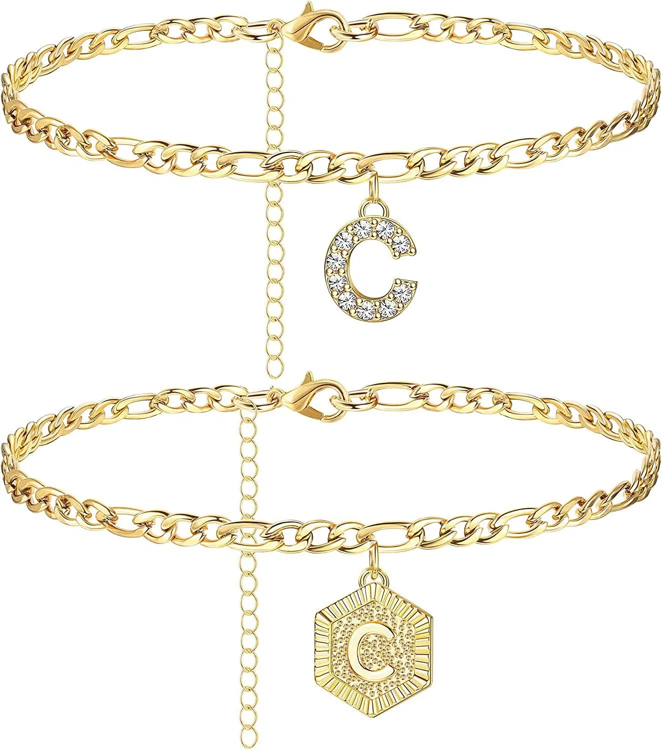 Anfängliche Knöchel-Armbänder für Frauen; Edelstahl-Schicht Figaro-Kettenbrief Anfängliche Knöchel-Armbänder mit Buchstaben-Alphabet für Frauen Mädchen (2Pcs)