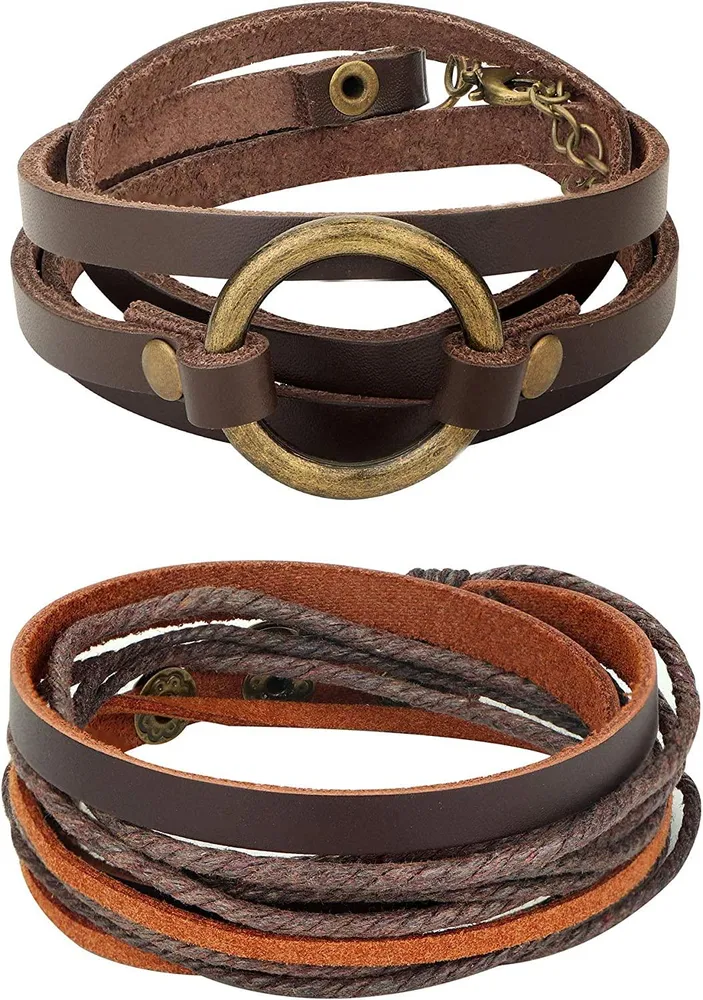 2Pcs Echt Leder Armband für Männer Frauen Unisex Multilayer Leder Adjustable Armband Manschetten Wrap Rope Braun Armband