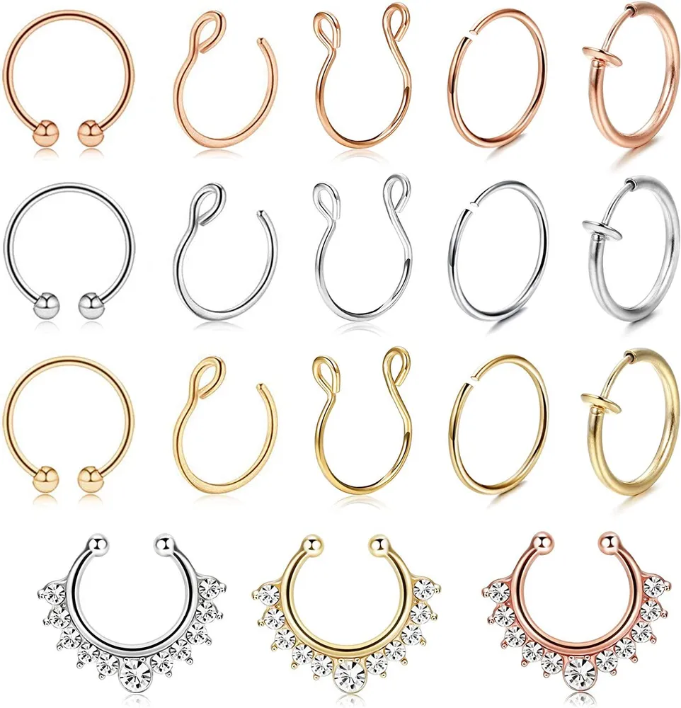 18 Pcs Fake Nasen Ringe Hoop für Frauen Männer Gesicht Lippenringe Clip auf Frühling Ohrringe Nase Hufeisen Ring Edelstahl Fake Piercings Septum Nasen Ring